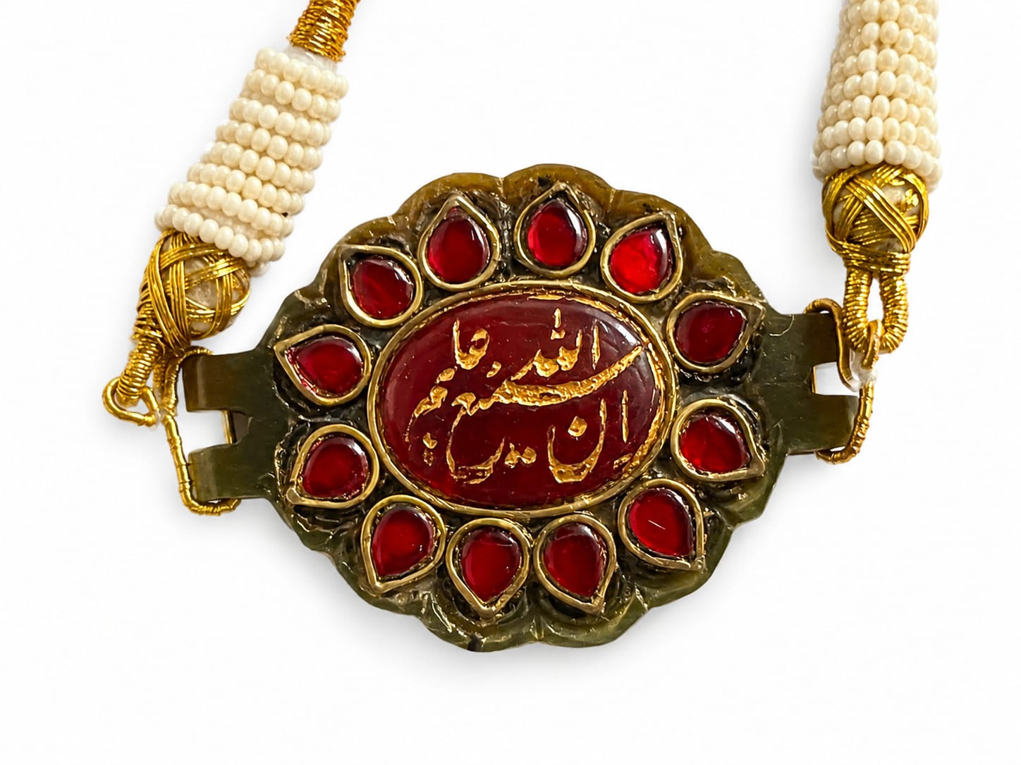 Mughal handmade islamic jade stone pendant studded with dark red precious stone